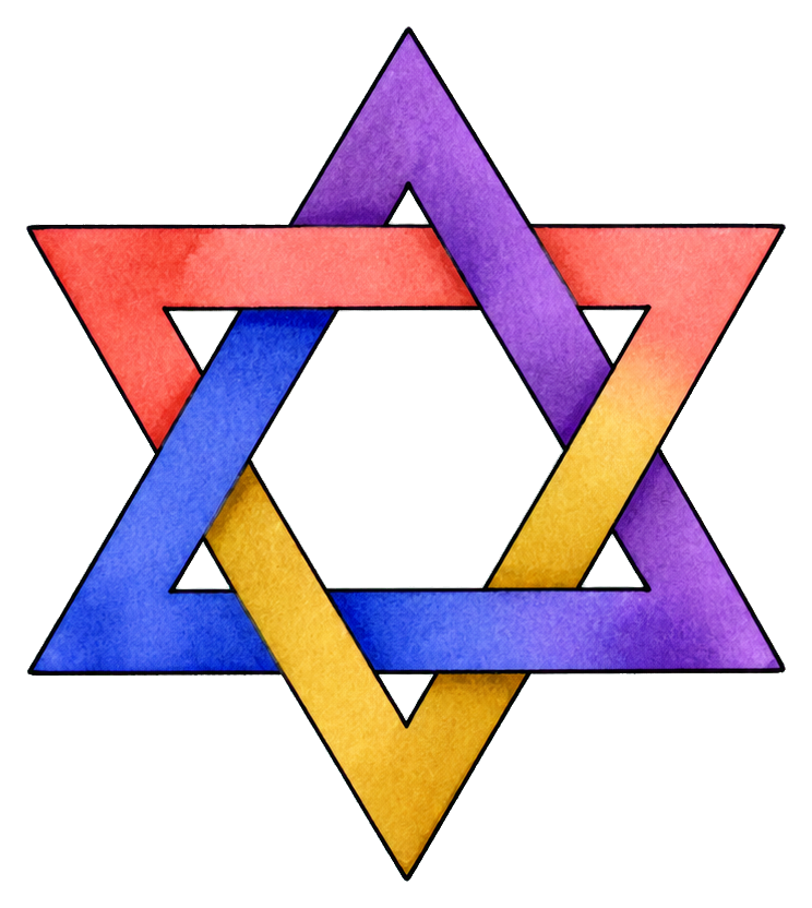 Watercolor Star of David made of overlapping purple, blue, red, and yellow bands