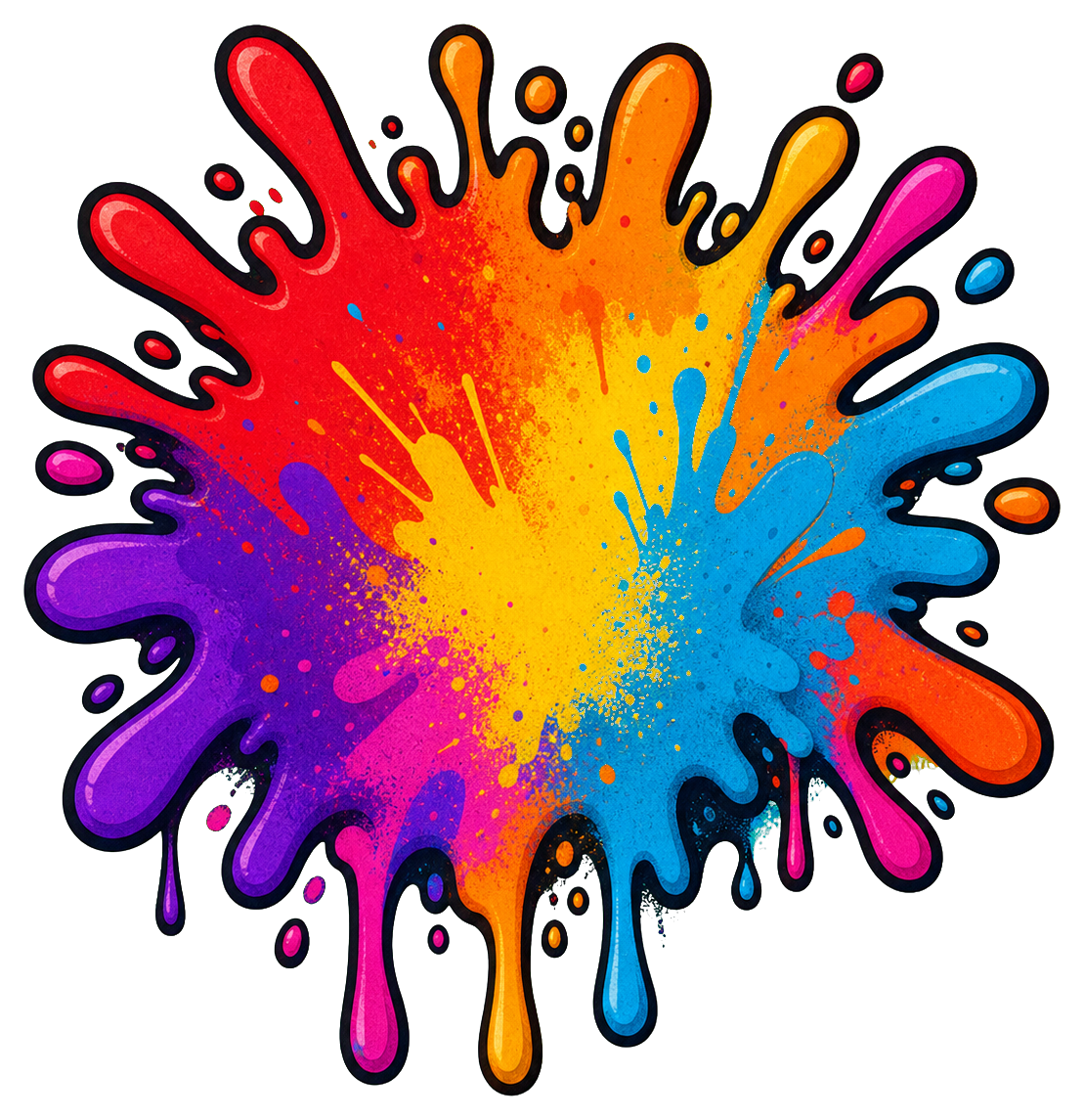 Colorful paint splatter graphic with bright yellow, blue, pink, purple, and orange drips