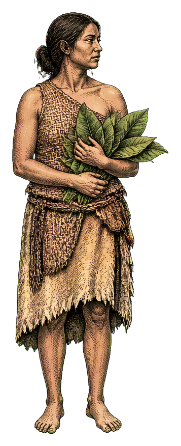 Full-body illustration of a prehistoric woman holding green leaves against a plain background.
