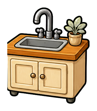 Miniature kitchen sink on a cabinet with a faucet and small potted plant