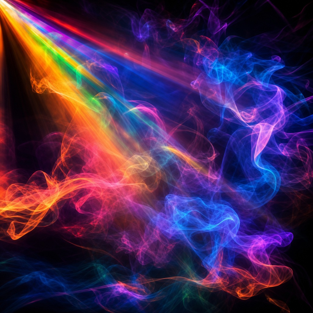 Colorful neon smoke and light trails swirling across a dark abstract background.