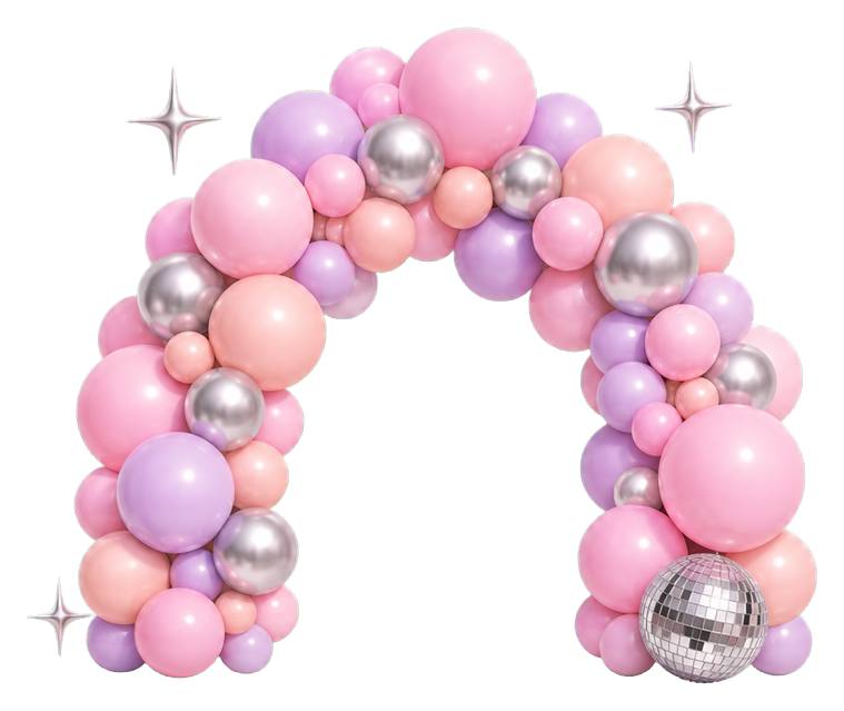 Pink and purple balloon arch sticker with sparkly accents and silver balloons