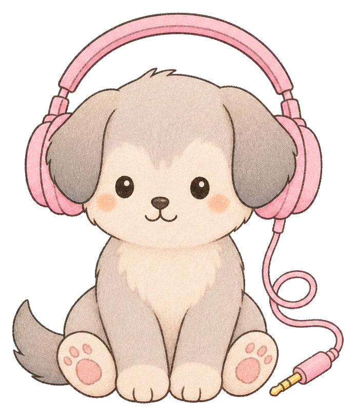 Cute puppy sitting with pink headphones and a curled cord.