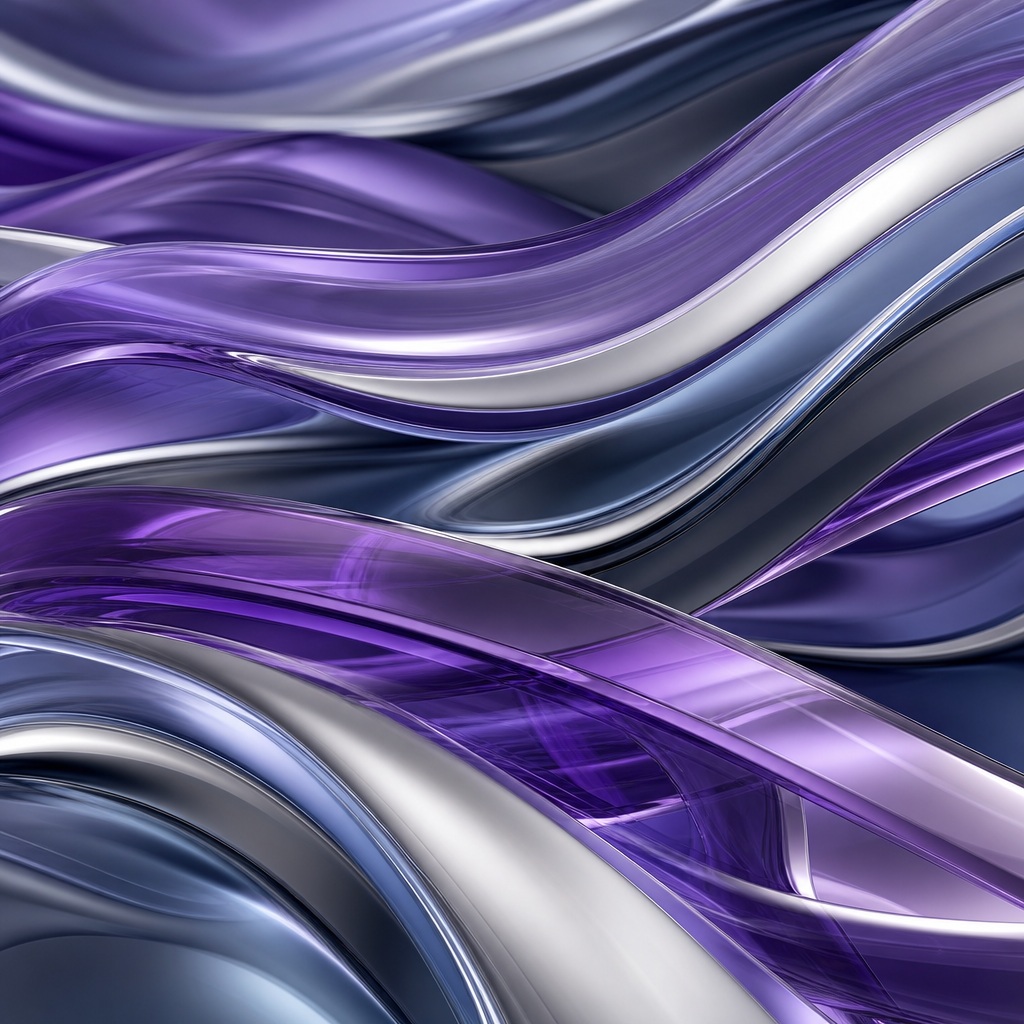 Translucent violet and platinum chrome ribbons flowing across a dark abstract background