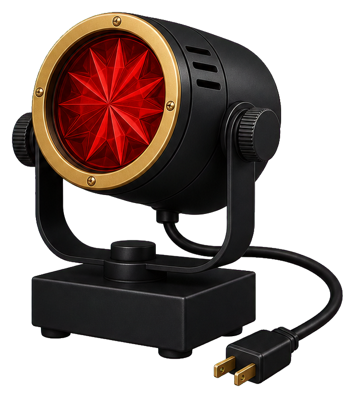 Black stage light with a glowing red starburst lens and attached power cable.