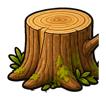 Illustrated tree stump with bark, roots, and small green leaves around the base.