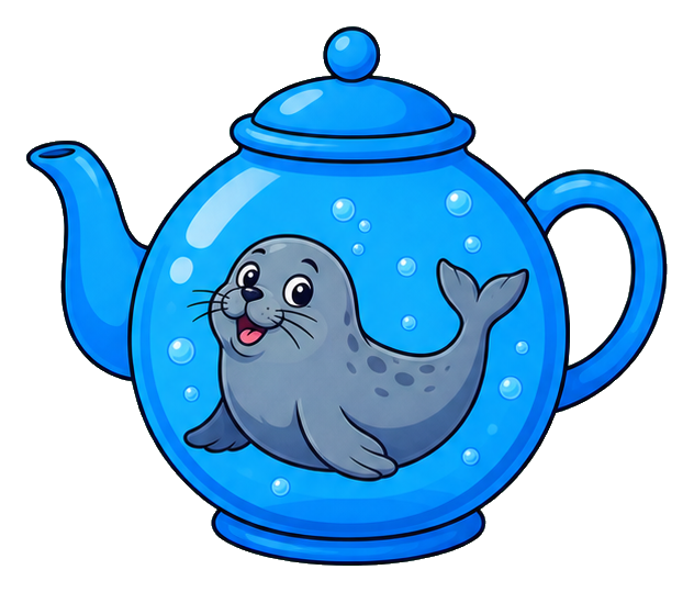 Cute seal sitting inside a blue bubble teapot with a smiling face.
