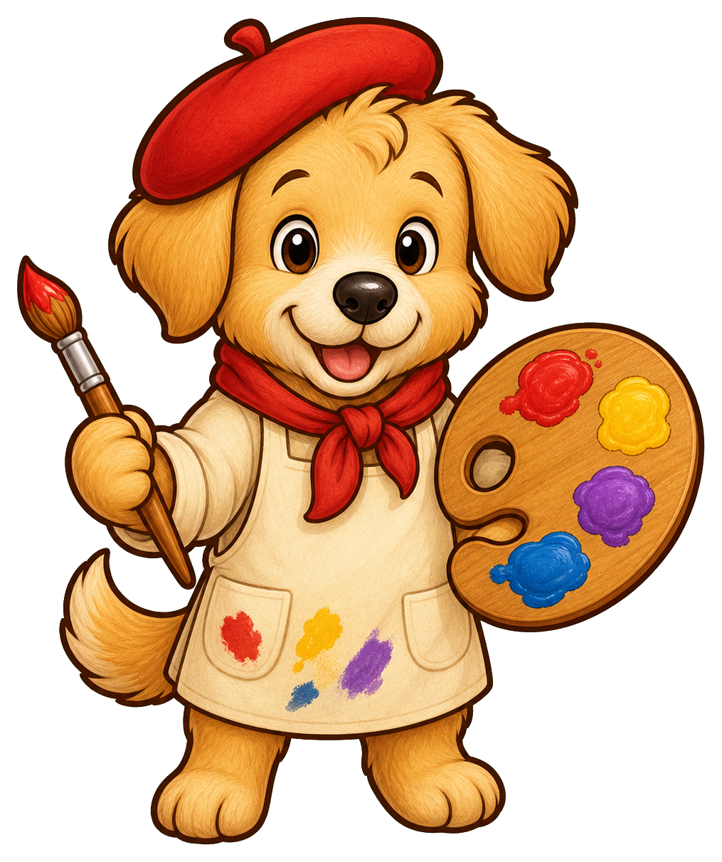 Cute puppy wearing a beret and holding a paintbrush and painter’s palette.
