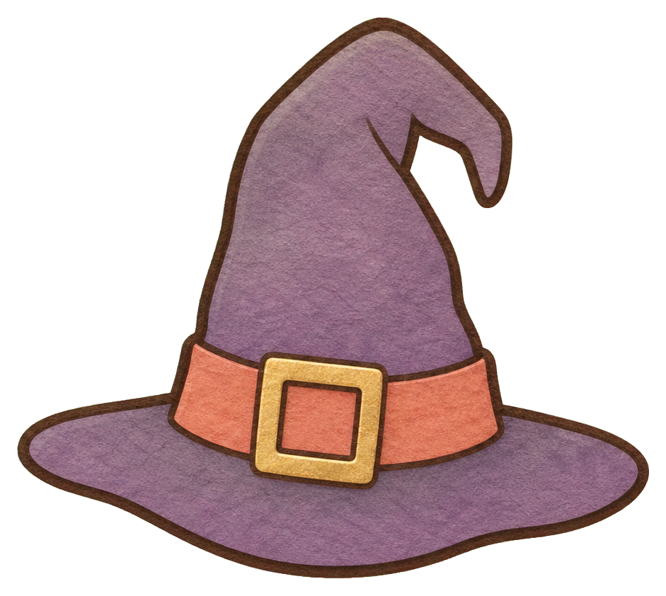 Lilac crooked witch hat with a coral band and gold buckle.
