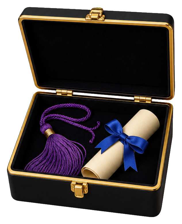 Open black memory box with a purple tassel and rolled diploma tied with a blue ribbon