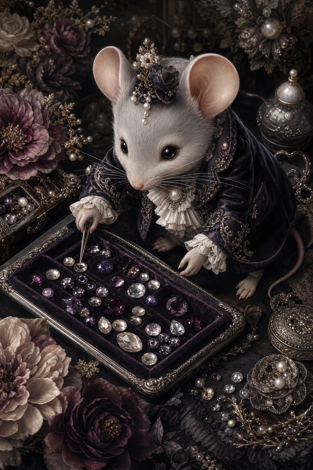 A small mouse jeweler in dark clothing arranging pearls and gemstones in a tray.