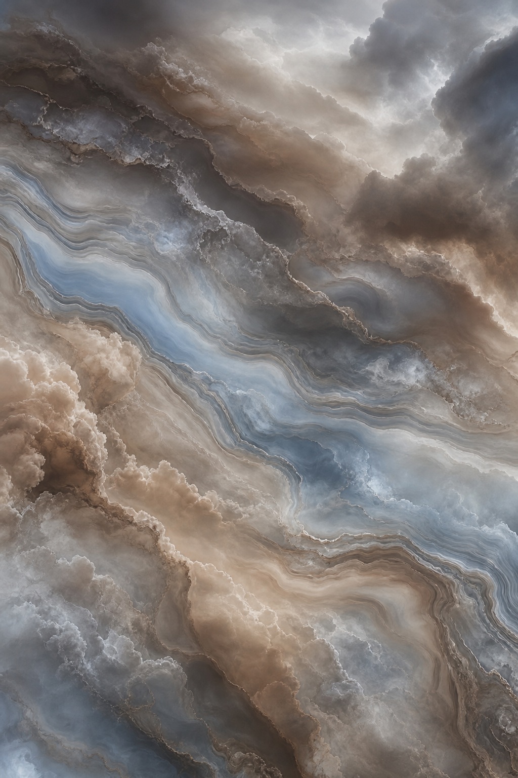Blue, gray, and beige smoky marble-like abstract layers flowing diagonally.