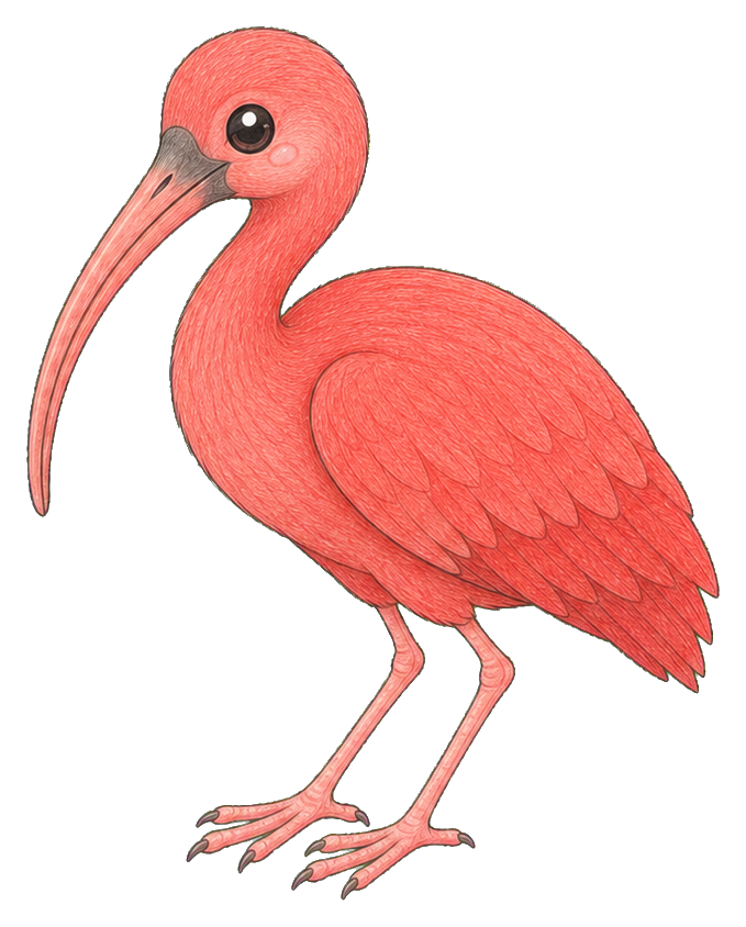 Cute pink ibis bird standing in profile with a long curved beak.