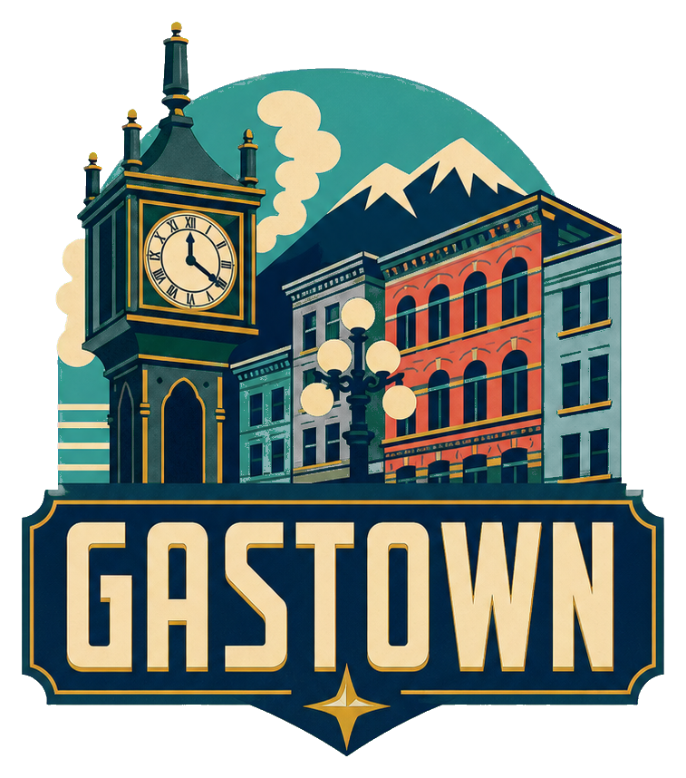 Retro Gastown word art with a star and illustrated Vancouver buildings