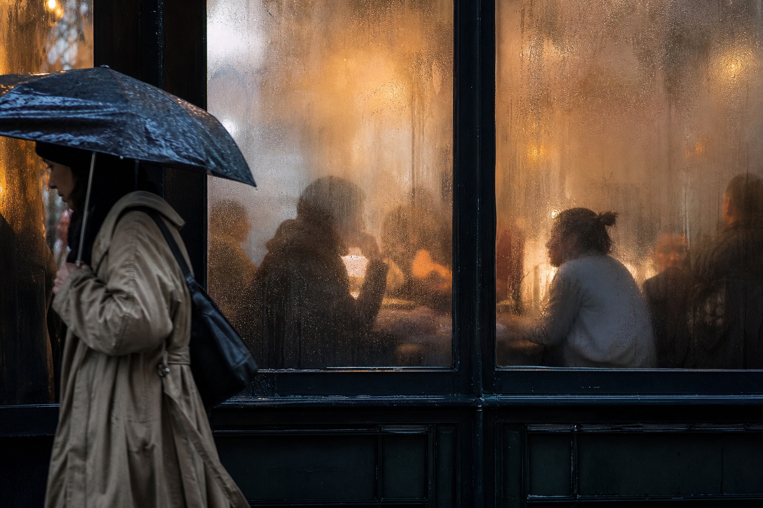 Silhouetted people seen through a rain-streaked window beside a person holding an umbrella.
