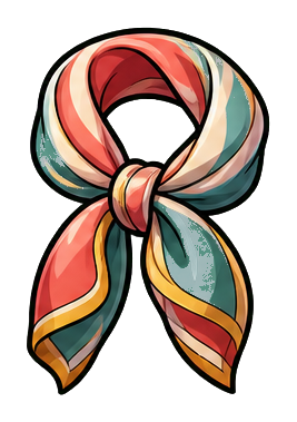Illustrated silk scarf tied in a loop with coral, cream, teal, and gold stripes.