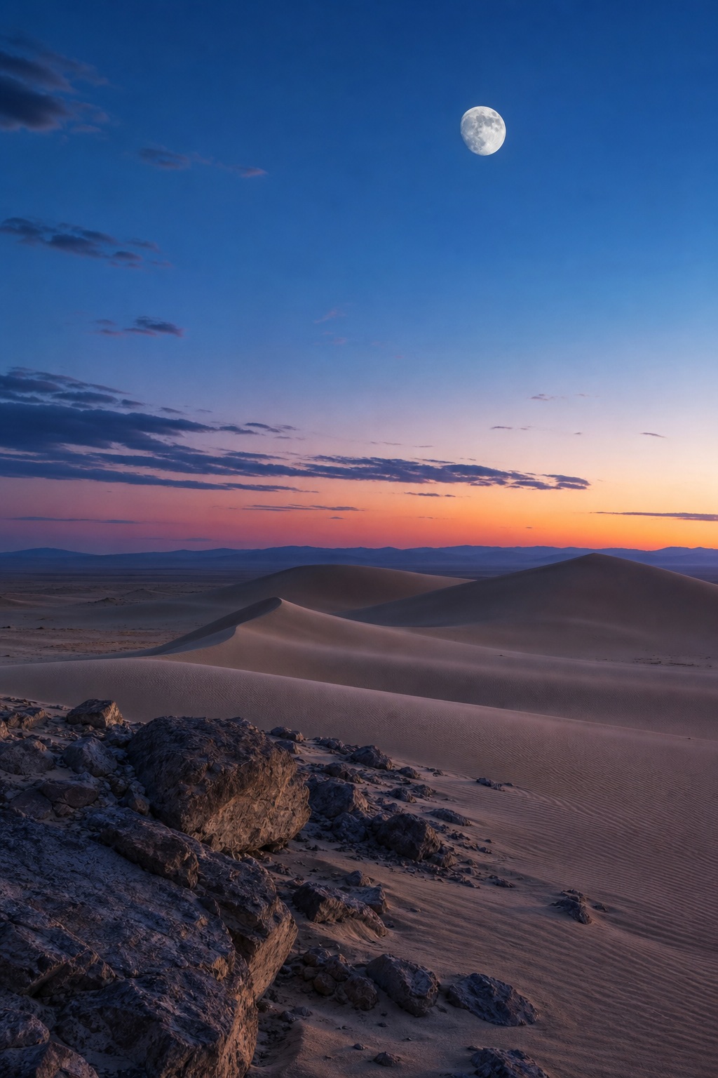 Sand dunes under a colorful sunset sky with a bright moon above.