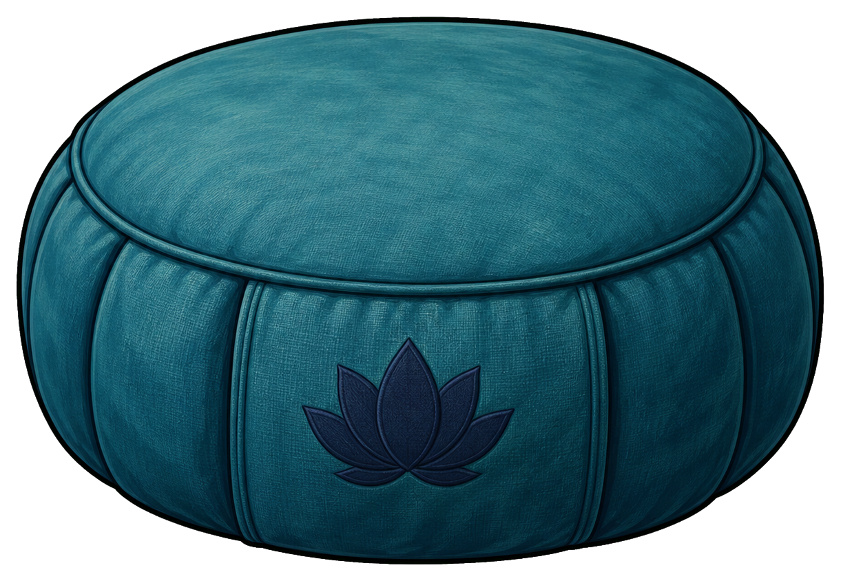 Teal round meditation cushion with a dark lotus emblem on the front.