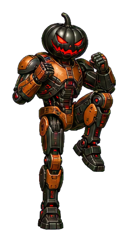 Pumpkin-headed robot with glowing red eyes in a raised knee strike pose