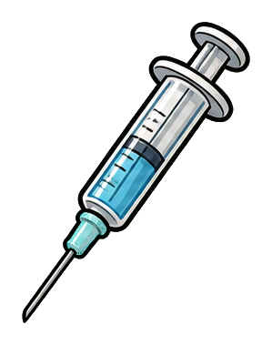 Illustrated syringe with a blue liquid chamber and silver needle