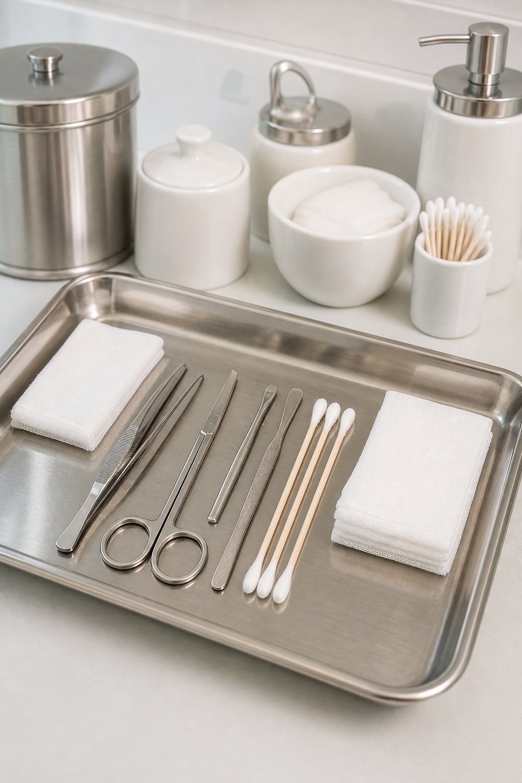 Sterile medical tray with instruments, cotton swabs, and clinic supply containers on a clean surface.