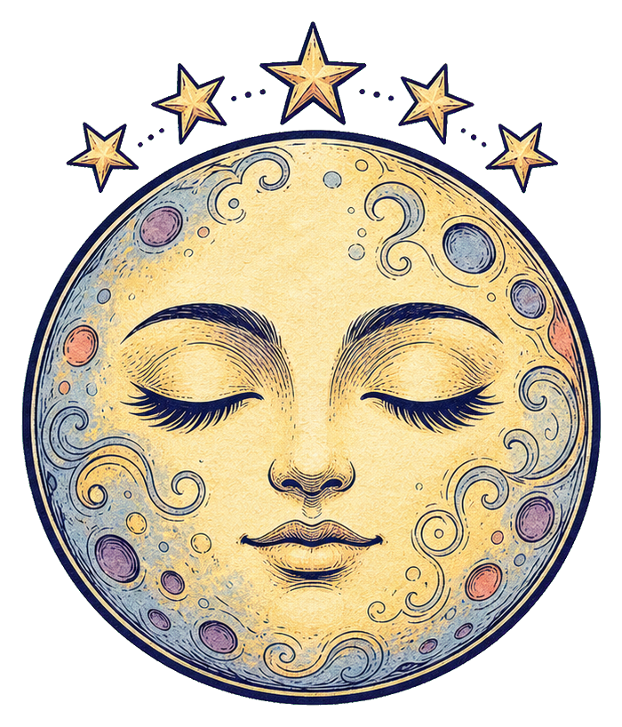 Illustrated full moon with a serene face and small stars around it