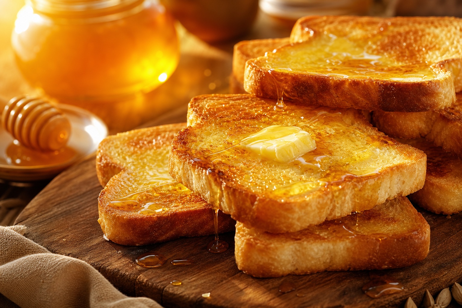 Honey toast slices with golden syrup and butter on a wooden board.