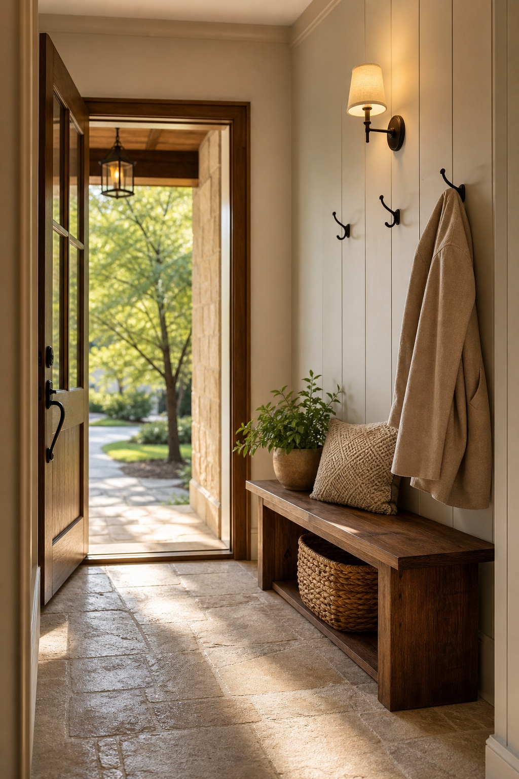 Sunlit modern foyer with bench, coat rack, woven baskets, and open doorway to a garden.