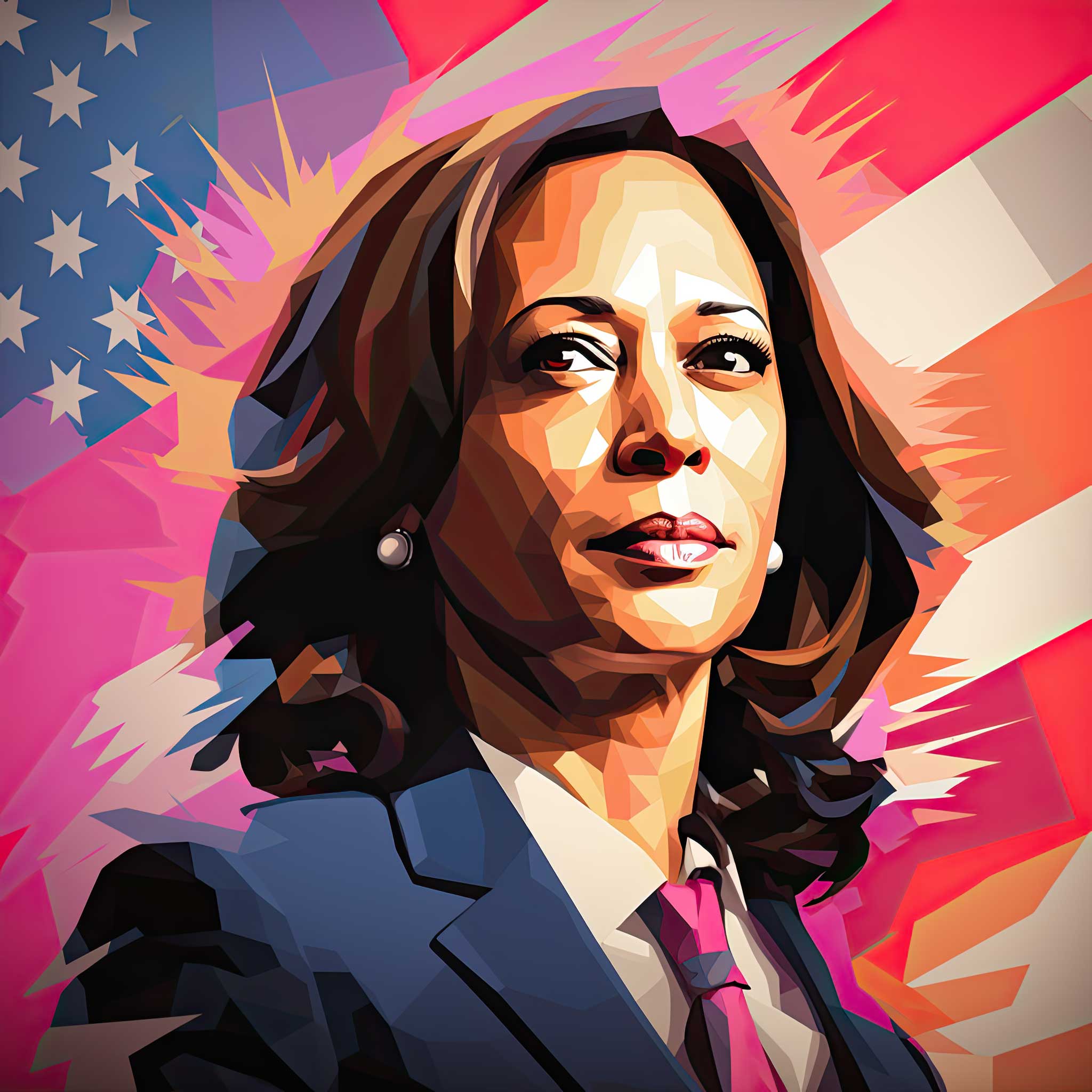 Stylized portrait of Kamala Harris against a colorful abstract background.