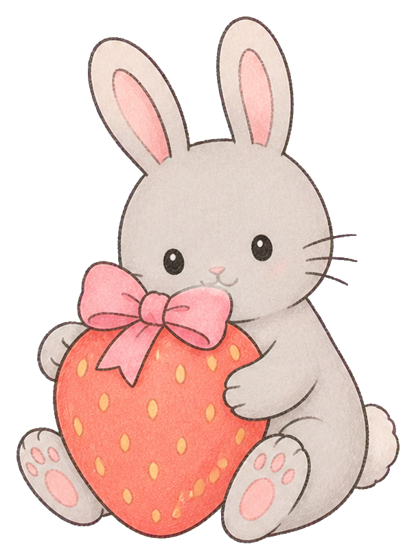 Cute kawaii rabbit holding a large strawberry with a pink bow.