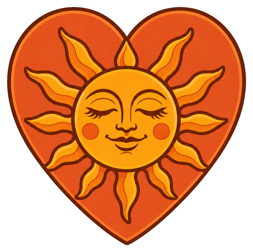 Orange sun with a smiling face inside a heart-shaped talisman