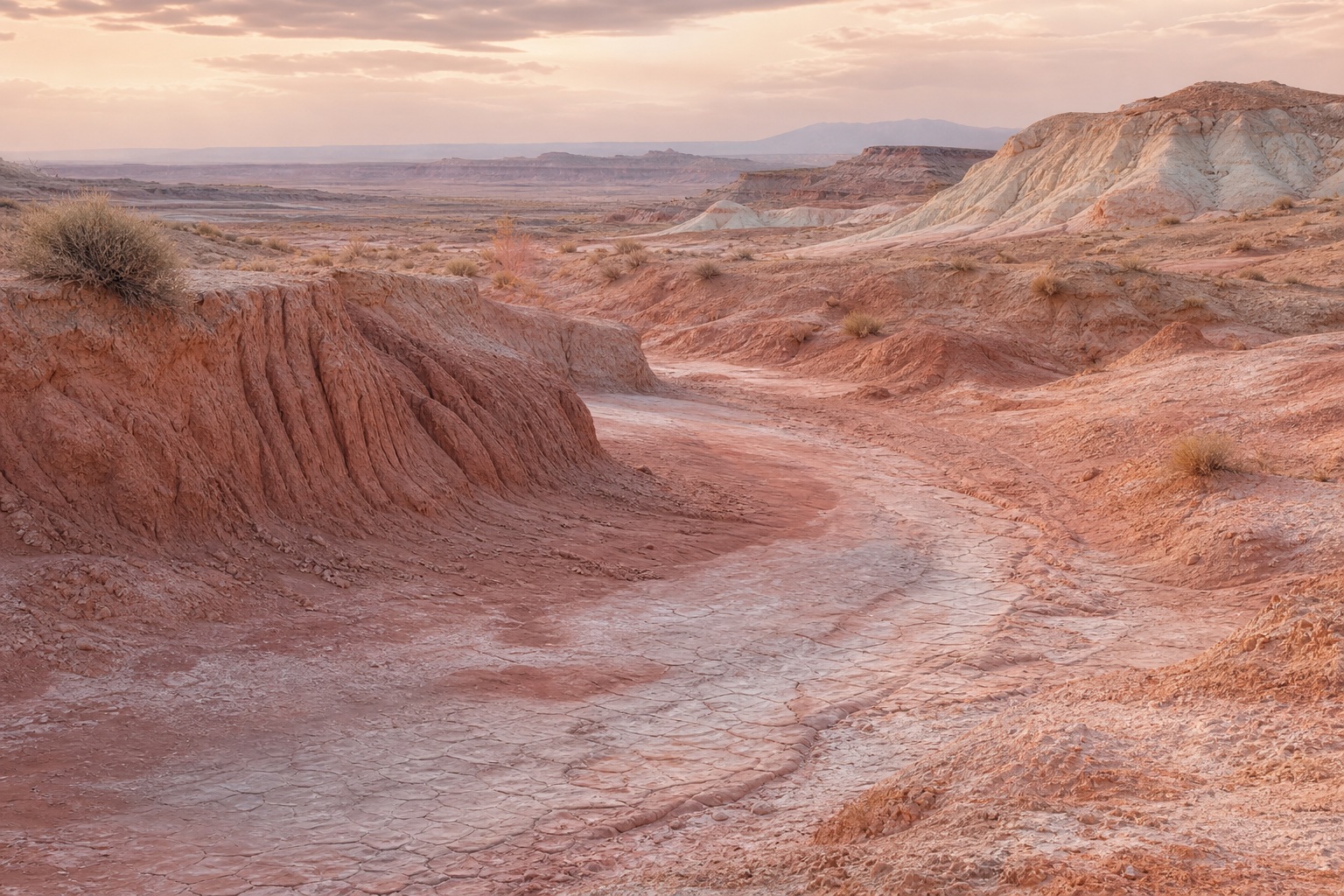 Winding desert clay hills under a soft sky in warm earth tones