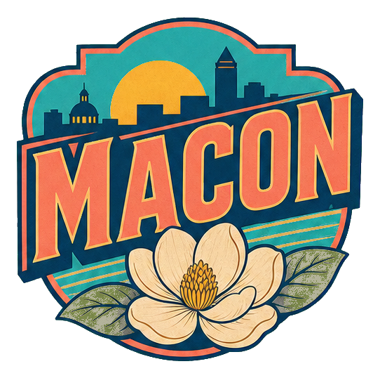 Retro Macon text with a magnolia flower and stylized city skyline.
