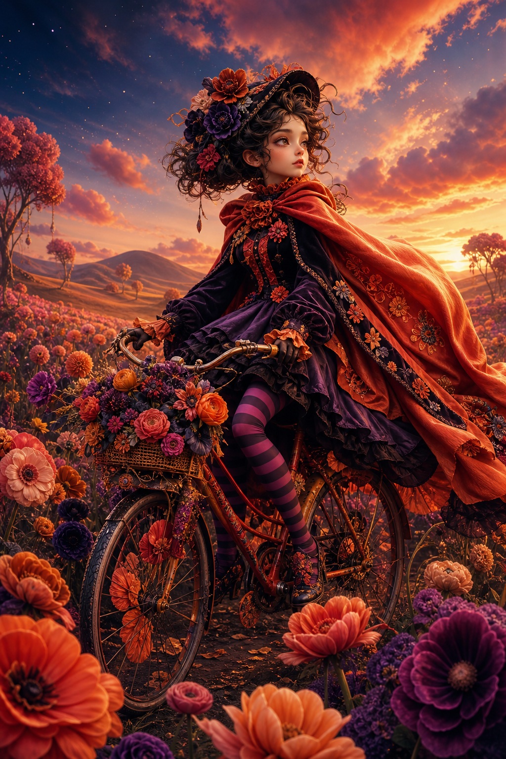 Stylized rider in a dramatic cape standing among flowers at sunset