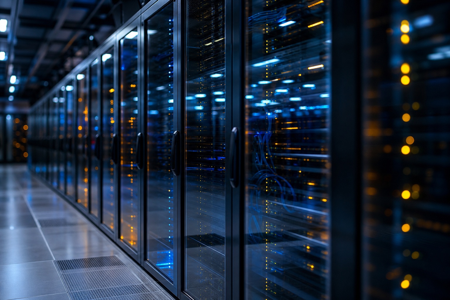 Reflective server room corridor with glowing blue racks and glass panels