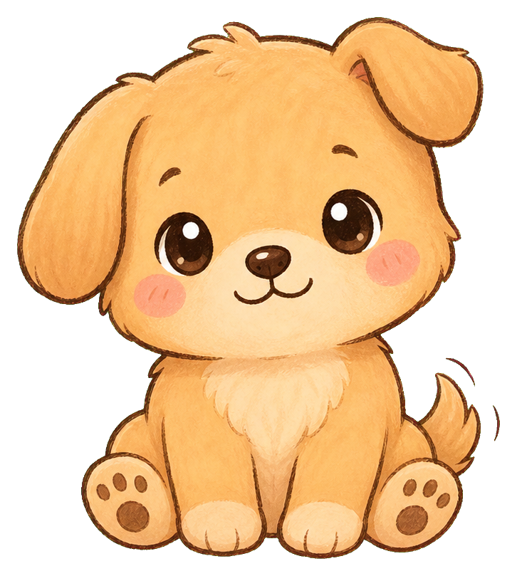 Cute pastel puppy sticker with floppy ears, rosy cheeks, and seated paws