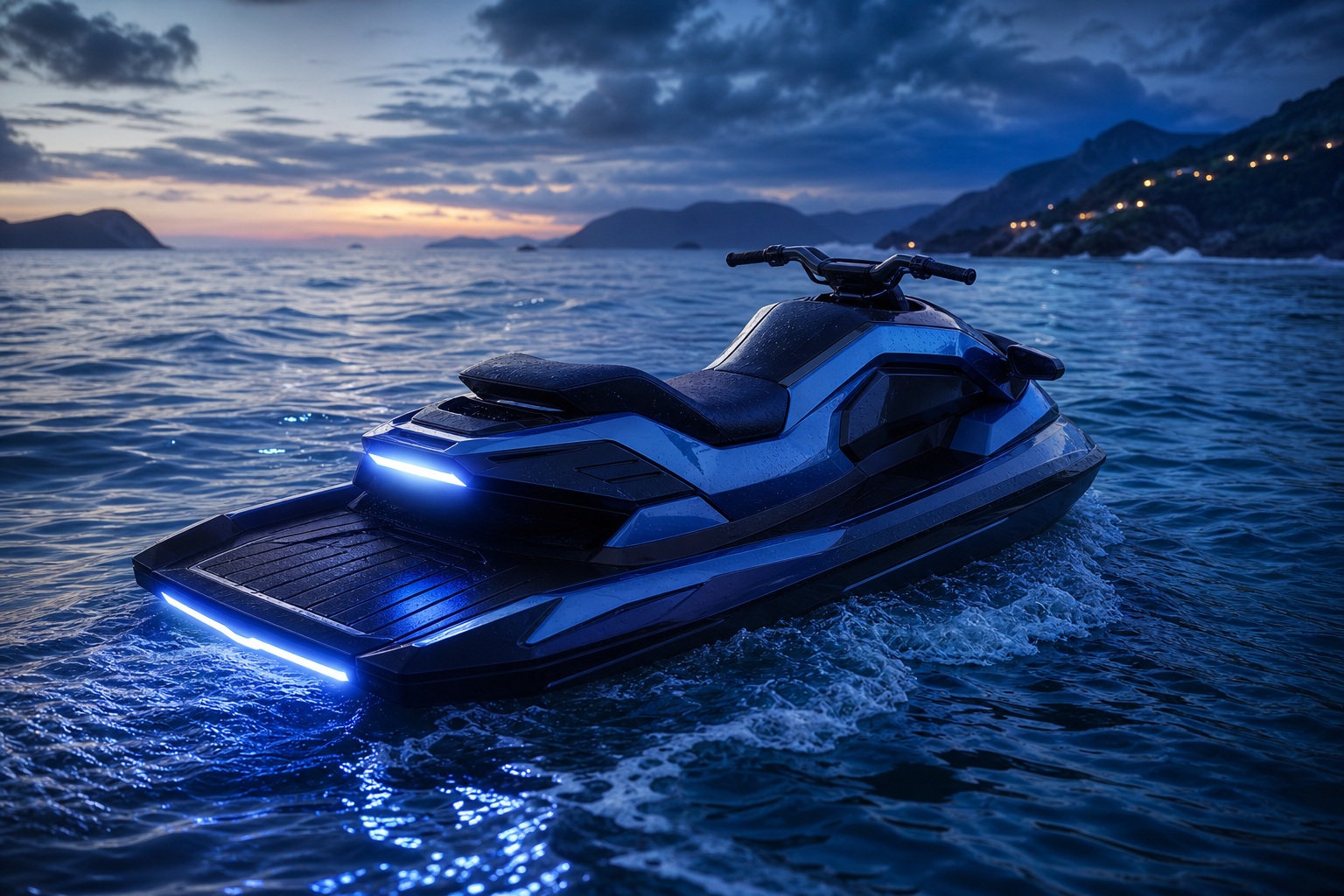 Blue personal watercraft floating on rippling water at dusk near a dark shoreline