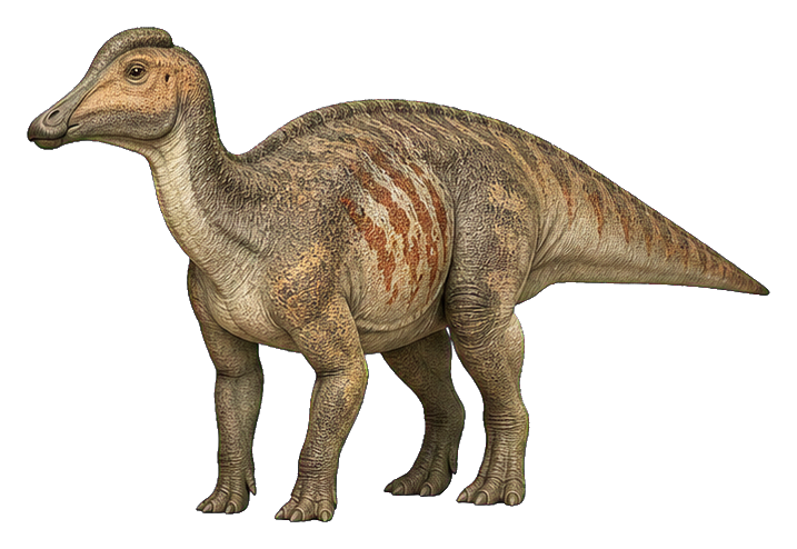 Realistic side-view illustration of a broad-billed Maiasaura standing on all fours