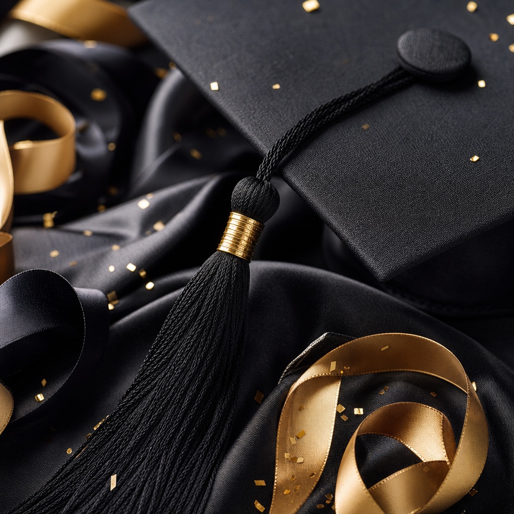 Black graduation tassel, gold ribbon, and confetti on a dark background