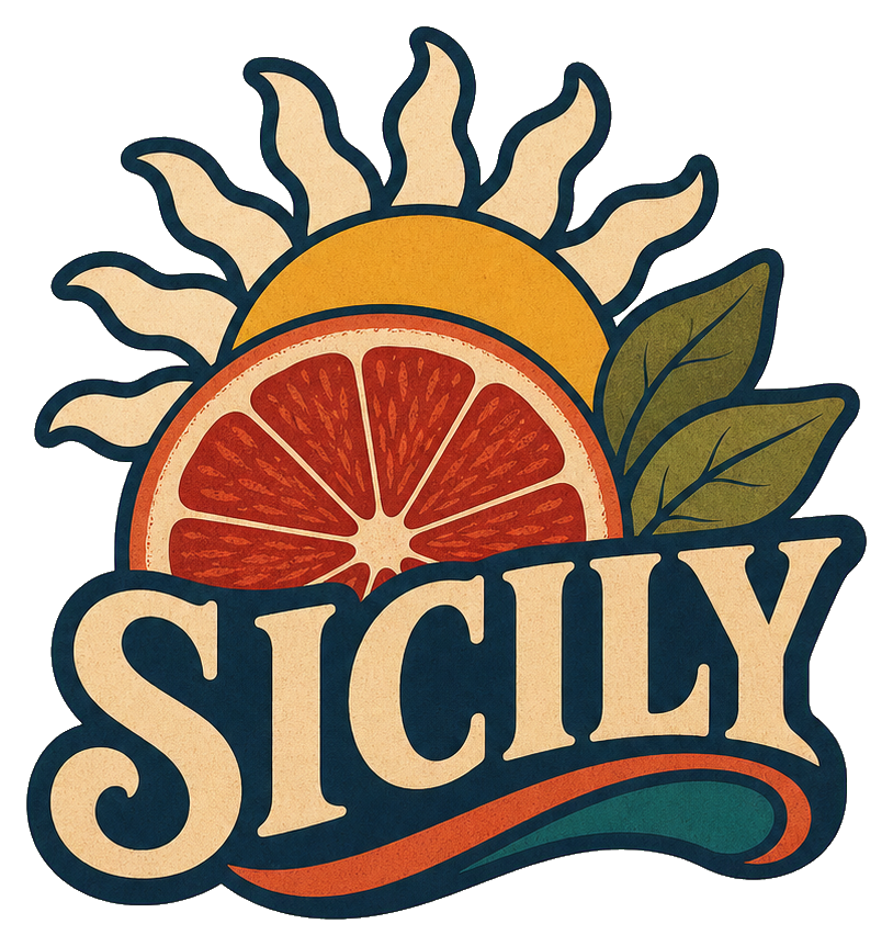 Retro Sicily word art with an orange sun, leaves, and cream lettering.