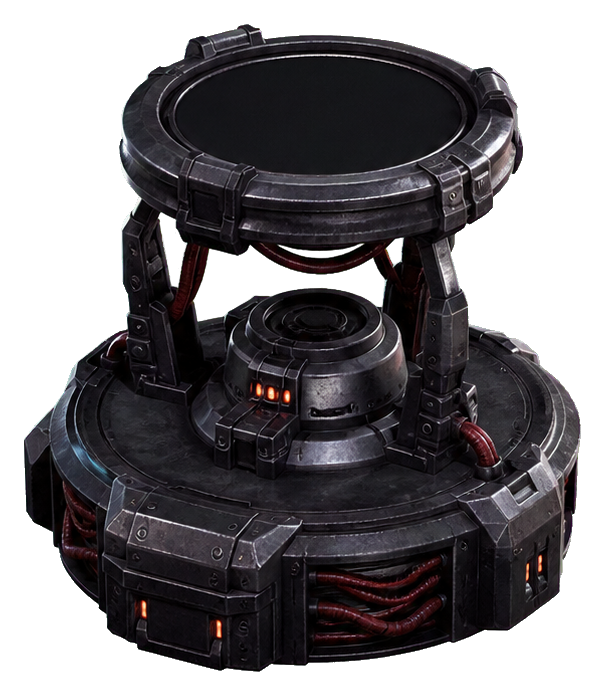 Dark futuristic projector device with glowing red details and a circular top ring.