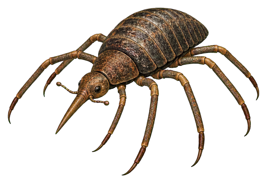 Illustrated prehistoric long-legged insect with segmented body and extended legs