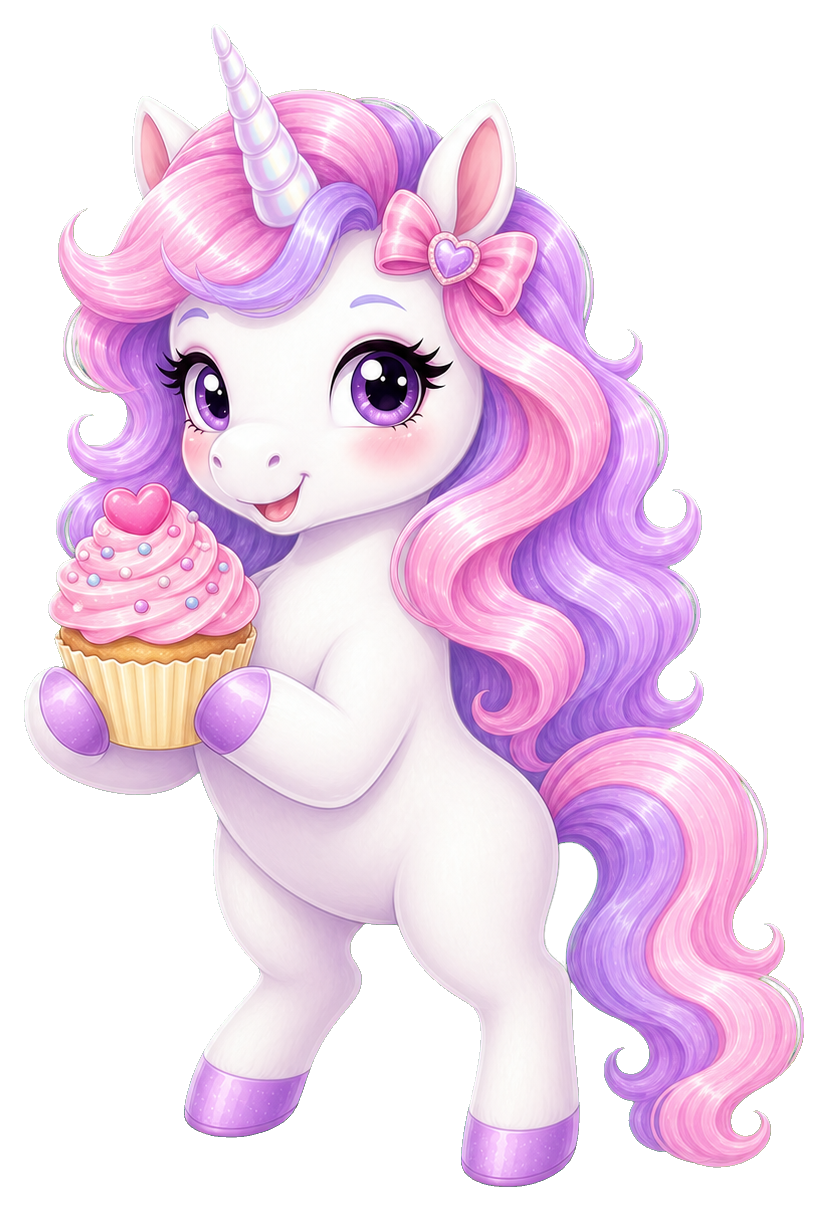 Cute unicorn holding a pink cupcake with rainbow mane and tail