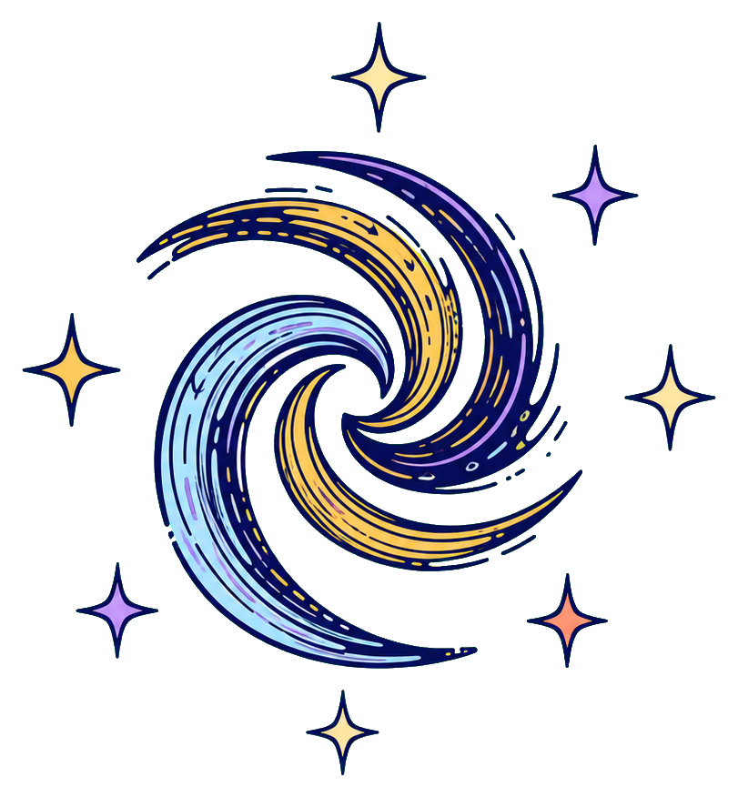 Blue and gold swirling galaxy spiral with small sparkling stars around it