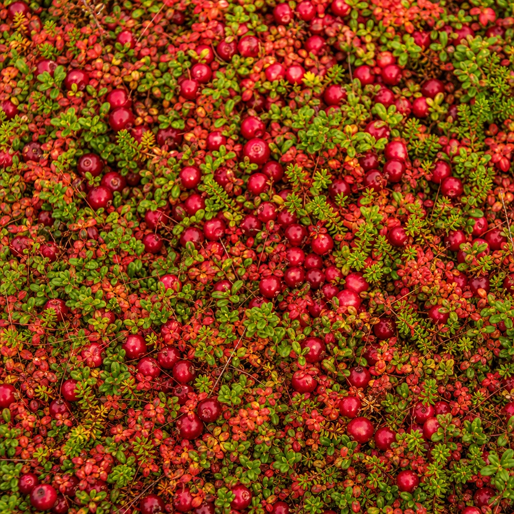 Dense red cranberry plants covering a wetland bog