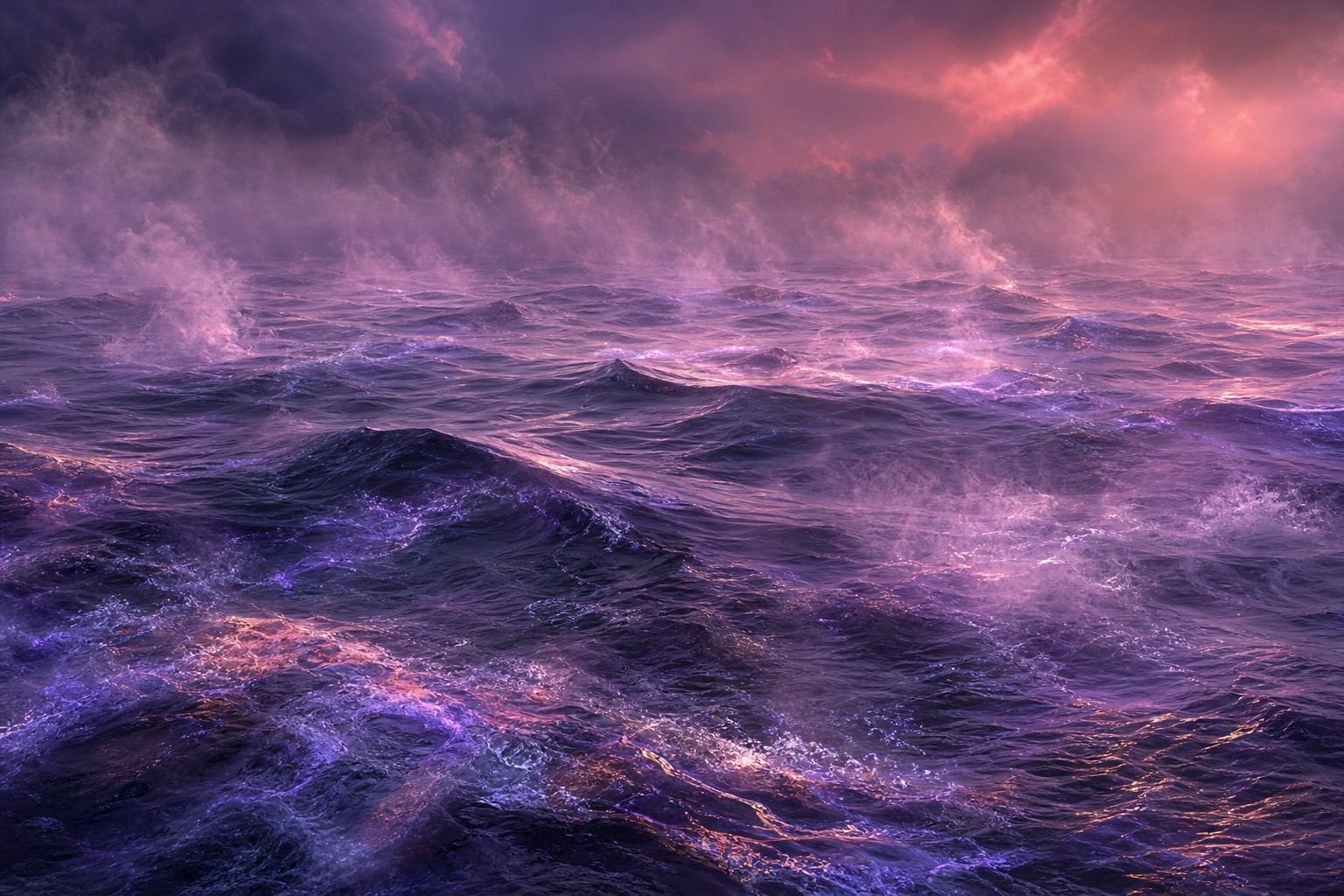 Violet-lit ocean waves beneath a dramatic dusk sky with a distant horizon