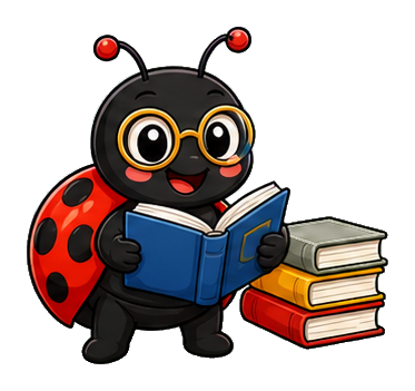 Cute ladybug wearing glasses and reading a book beside a stack of books.