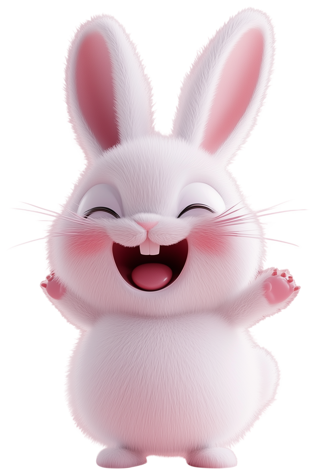 Smiling white cartoon rabbit with pink ears and cheeks, waving happily.