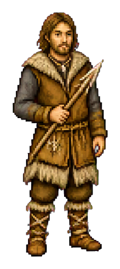 Pixel art man in fur clothing holding a spear-like fishing tool