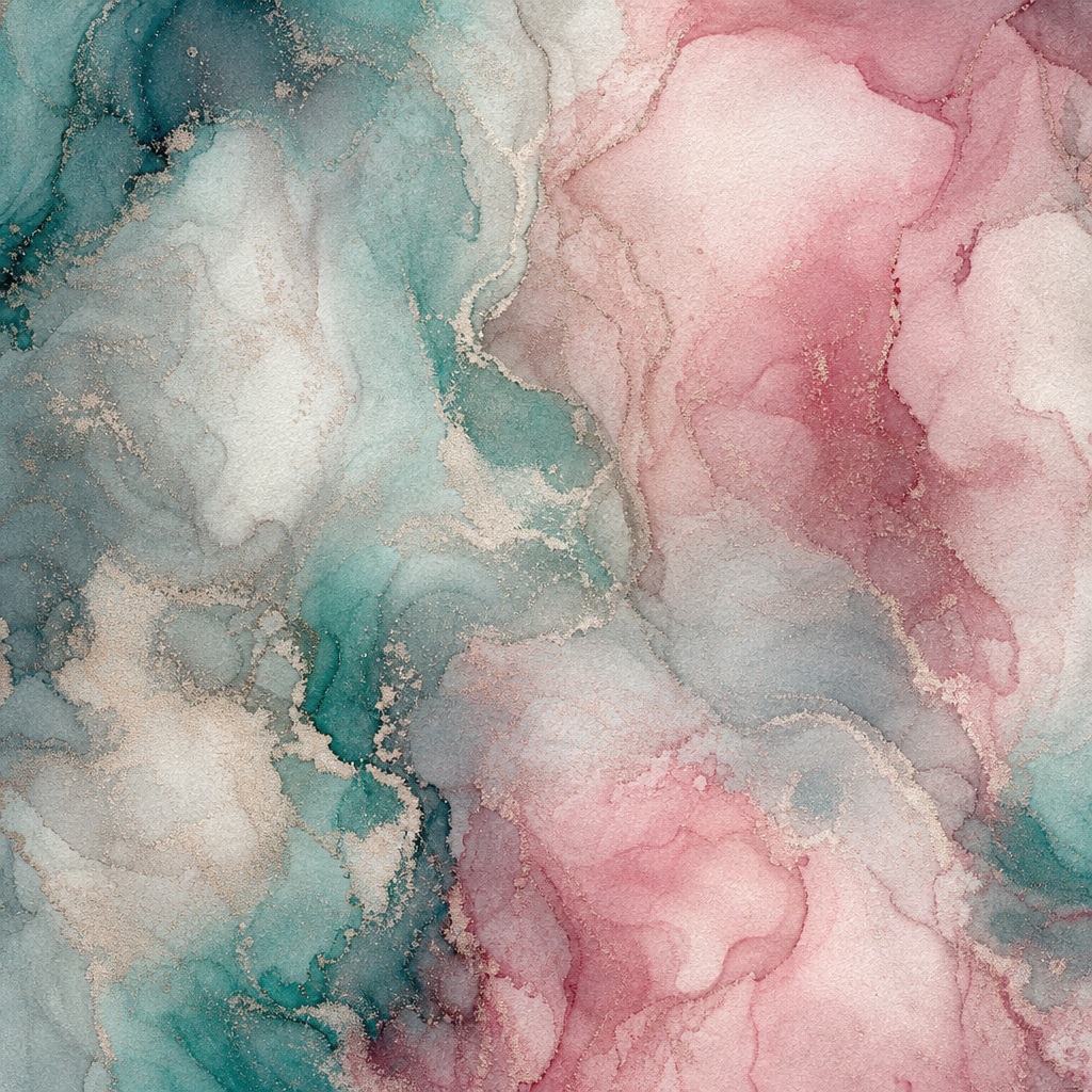 Soft rose and teal marbled paper texture with delicate watercolor veining
